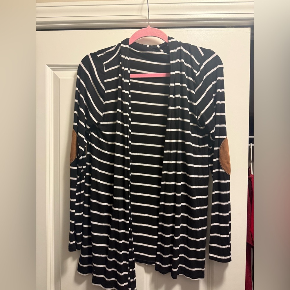 Bellamie Black and White Striped Cardigan with Brown Elbow Patches size M